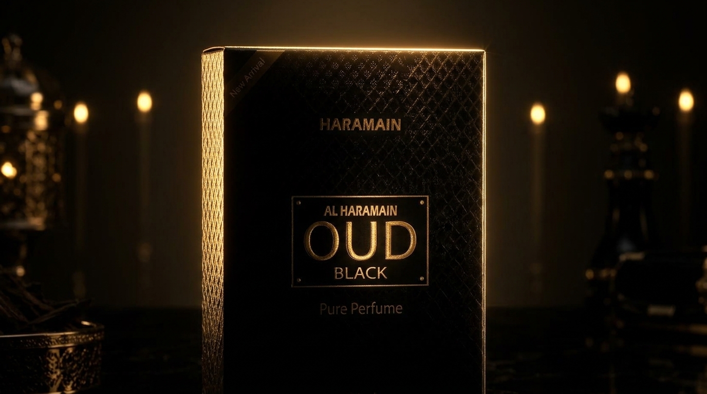 Al Haramain Oud Black perfume packaging lit in a dark cinematic scene
