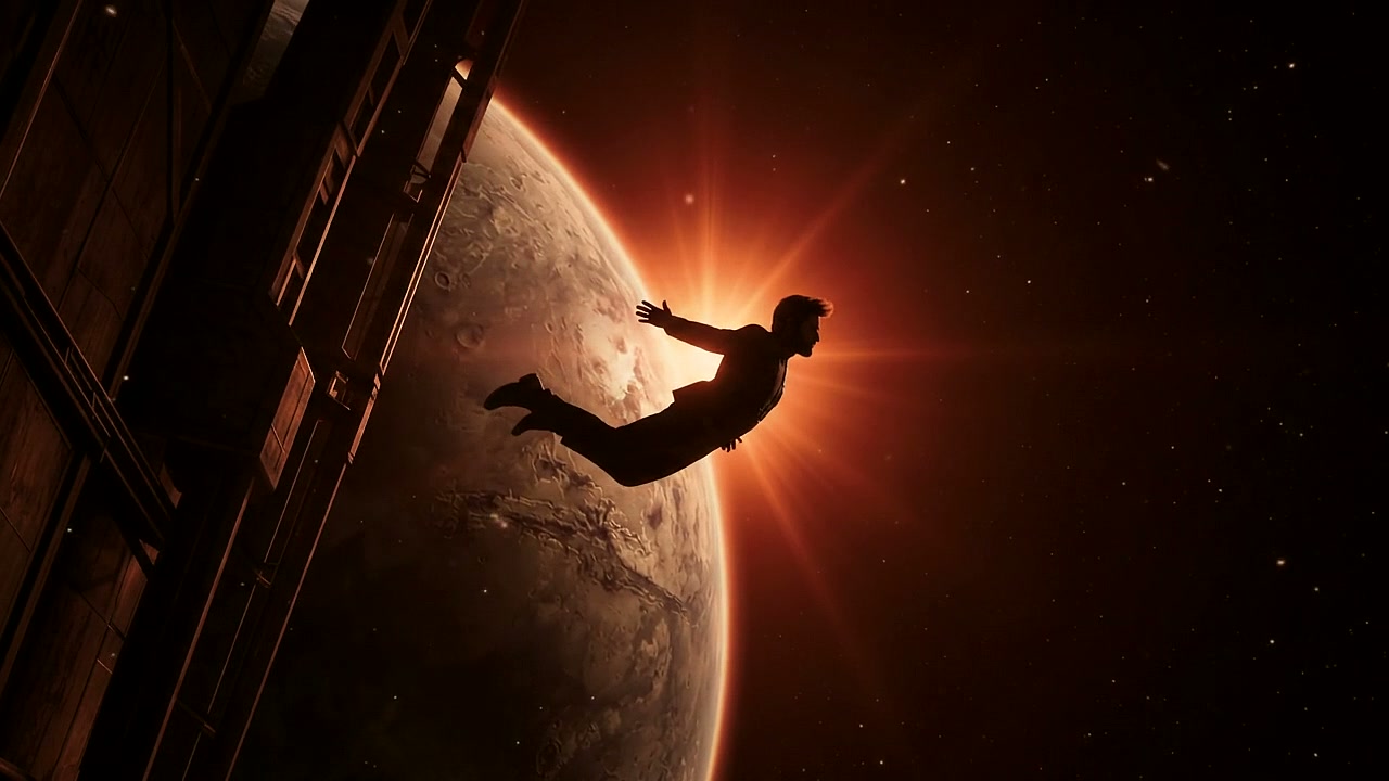 A figure floating before a luminous planet