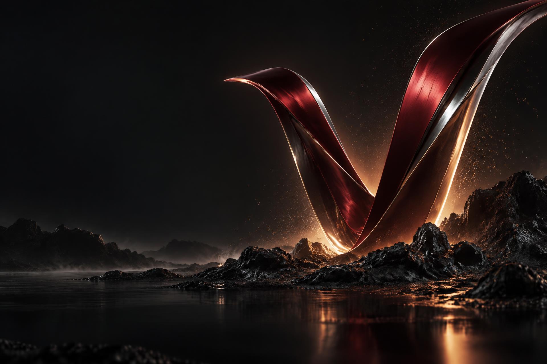 A sculptural burgundy CineVault form in a dark cinematic landscape