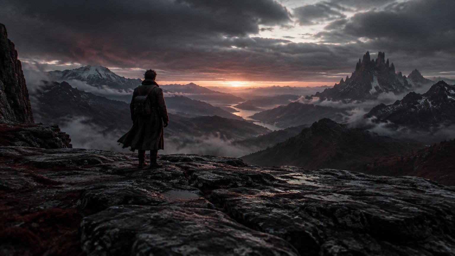 A lone explorer looking over mountains at dawn